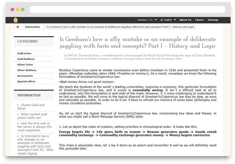 Screenshot of an article about precious metals